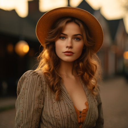 a beautiful woman in a hat posing for the cameraの素材