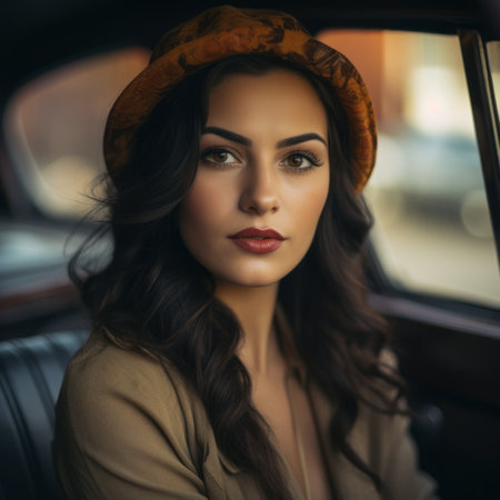 a beautiful woman in a hat sitting in the back seat of a carの素材