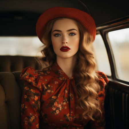 a beautiful woman in a red hat sitting in the back of an old carの素材