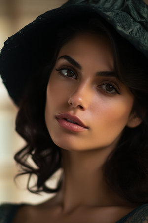 a beautiful woman wearing a green hatの素材