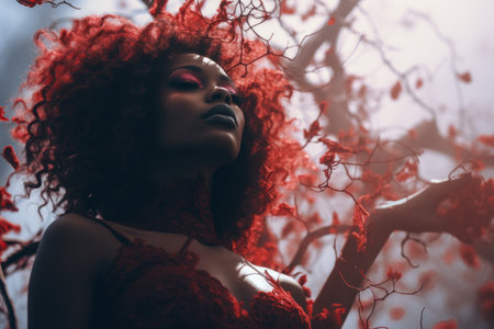 a beautiful woman with red hair and flowers in her hairの素材