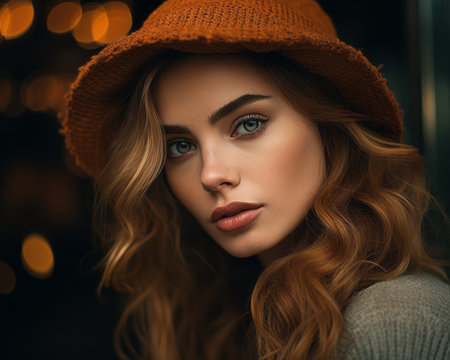 a beautiful woman with long hair wearing a hatの素材