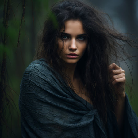 a beautiful woman with long hair in the forestの素材