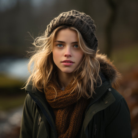 a beautiful young woman wearing a hat and scarf in the woodsの素材