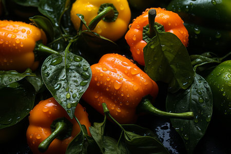 a bunch of peppers with water droplets on themの素材
