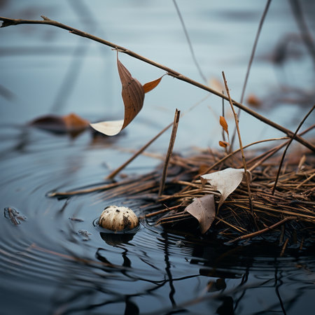 a birds nest in the water with leaves and twigsの素材
