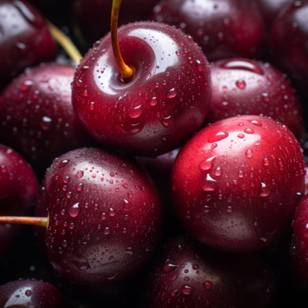 a close up of a bunch of cherries with water dropletsの素材