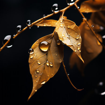 a close up of a leaf with water droplets on itの素材