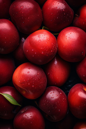 a bunch of red plums with water droplets on themの素材