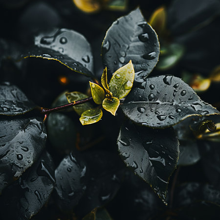 a close up of a leaf with water droplets on itの素材