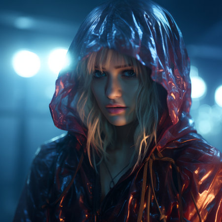 a blonde woman in a red raincoatの素材