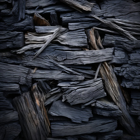 a close up of a pile of black woodの素材