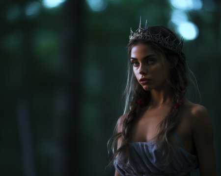 a beautiful young woman wearing a crown in the woodsの素材