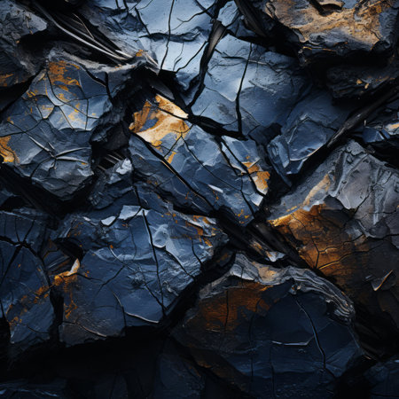 a close up of a black rock with gold paint on itの素材