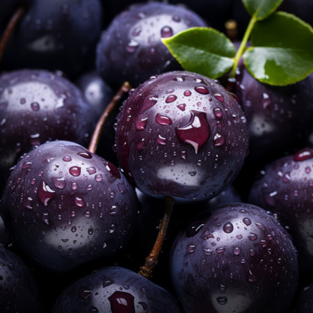 a close up of a bunch of purple plums with water dropletsの素材
