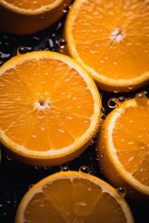 a close up of a bunch of oranges with water droplets on themの素材