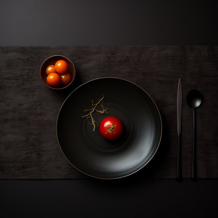 a black plate with a tomato on it and two spoonsの素材