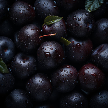 a bunch of black plums with water droplets on themの素材