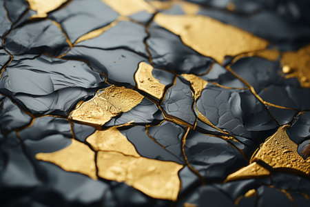 a close up of a cracked black and gold surfaceの素材