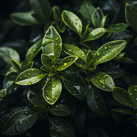 a close up of green leaves with water droplets on themの素材