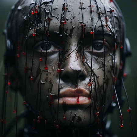 a close up of a womans face with blood dripping from her headの素材