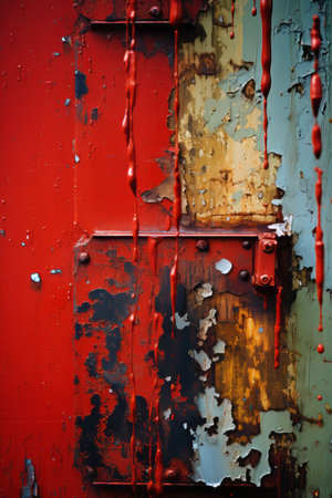 a close up of a red door with peeling paintの素材