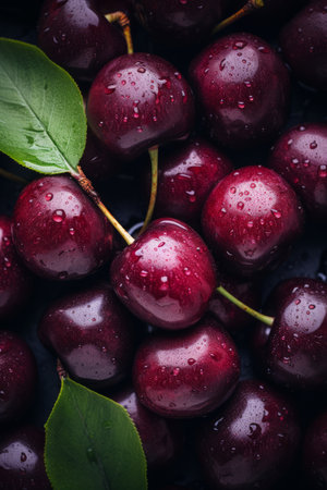 a close up of cherries with water droplets on themの素材