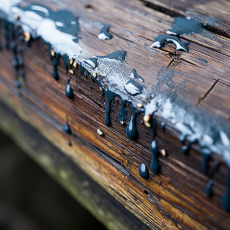 a close up of a wooden bench with water dripping off of itの素材