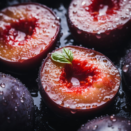 a close up of plums with water droplets on themの素材