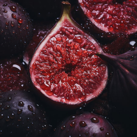 a close up of figs with water droplets on themの素材