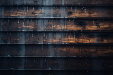 a close up of a wooden wall with water dripping from itの素材