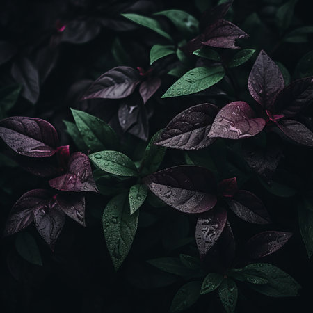 a dark background with purple leaves and water dropletsの素材