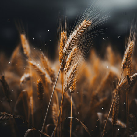 a field of wheat is shown in front of a dark skyの素材