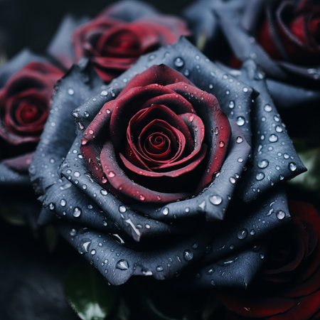 a group of red roses with water droplets on themの素材