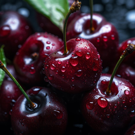 a group of cherries with water droplets on themの素材