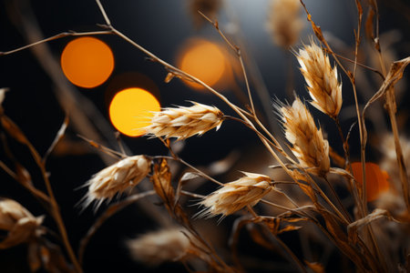 a close up of some dry wheat on a dark backgroundの素材