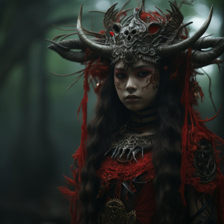 a girl in a red dress with horns on her headの素材