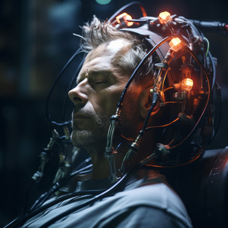 a man is sleeping in a chair with wires attached to his headの素材