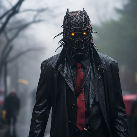 a man in a black suit and red tie walking down the street in the rainの素材