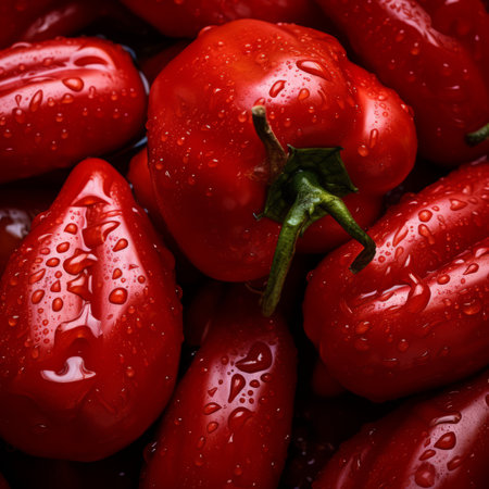 a group of red peppers with water droplets on themの素材