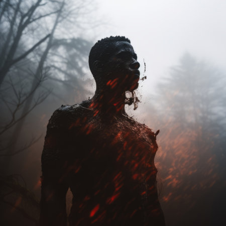 a man is standing in the middle of a forest with smoke coming out of his headの素材