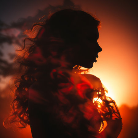 a silhouette of a woman with long hair in the sunsetの素材