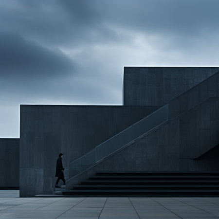 a person walking down stairs in front of a buildingの素材