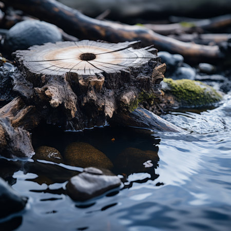 a tree stump sitting in the water next to some rocksの素材