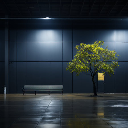 a tree and a bench in an empty roomの素材