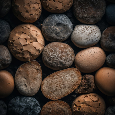 a pile of rocks and eggs on a black backgroundの素材