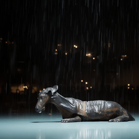 a statue of a dog laying down in the rainの素材
