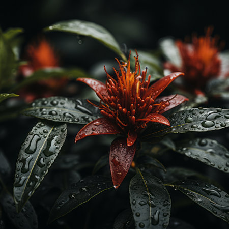 a red flower with water droplets on itの素材