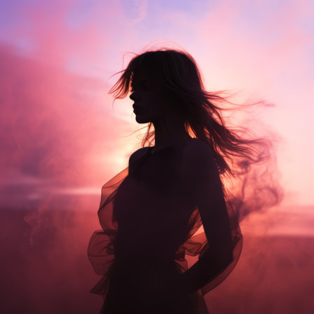a silhouette of a woman in a dress with smoke coming out of her hairの素材