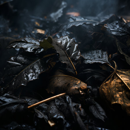 a pile of leaves on the ground with smoke coming out of itの素材